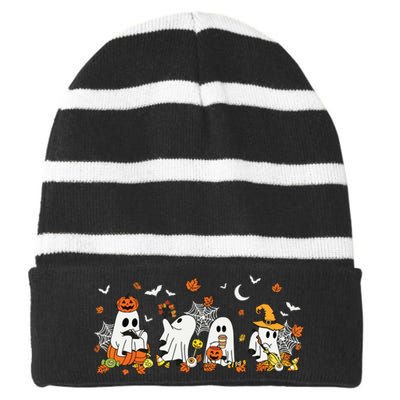 Cute Ghost Drinking Coffee Halloween Fall Ghost Book Reading Striped Beanie with Solid Band