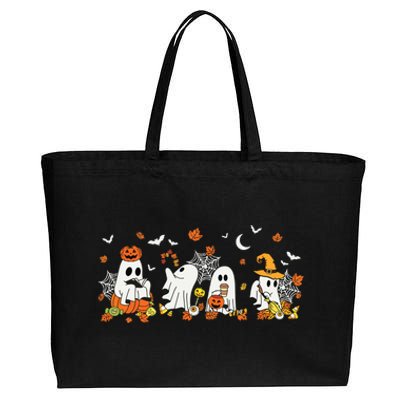 Cute Ghost Drinking Coffee Halloween Fall Ghost Book Reading Cotton Canvas Jumbo Tote