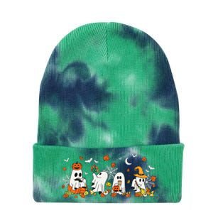 Cute Ghost Drinking Coffee Halloween Fall Ghost Book Reading Tie Dye 12in Knit Beanie