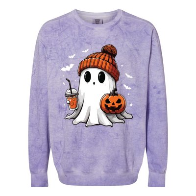 Cute Ghost Drinking Coffee Halloween Ghost Ice Coffee Women Long Sleeve Colorblast Crewneck Sweatshirt