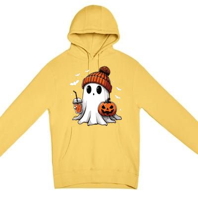 Cute Ghost Drinking Coffee Halloween Ghost Ice Coffee Women Long Sleeve Premium Pullover Hoodie