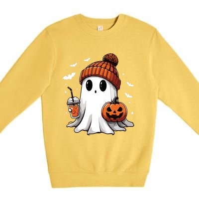 Cute Ghost Drinking Coffee Halloween Ghost Ice Coffee Women Long Sleeve Premium Crewneck Sweatshirt