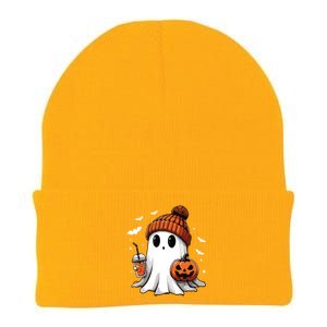 Cute Ghost Drinking Coffee Halloween Ghost Ice Coffee Women Long Sleeve Knit Cap Winter Beanie