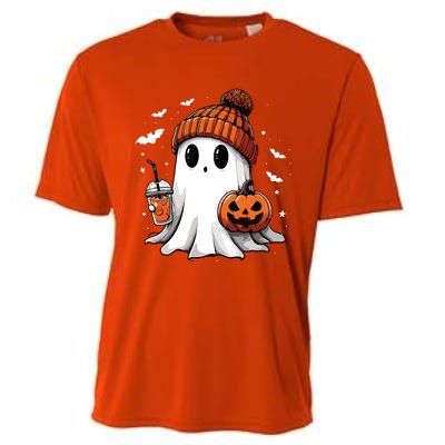 Cute Ghost Drinking Coffee Halloween Ghost Ice Coffee Women Long Sleeve Cooling Performance Crew T-Shirt