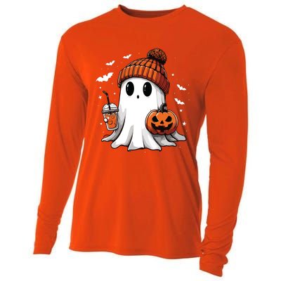 Cute Ghost Drinking Coffee Halloween Ghost Ice Coffee Women Long Sleeve Cooling Performance Long Sleeve Crew