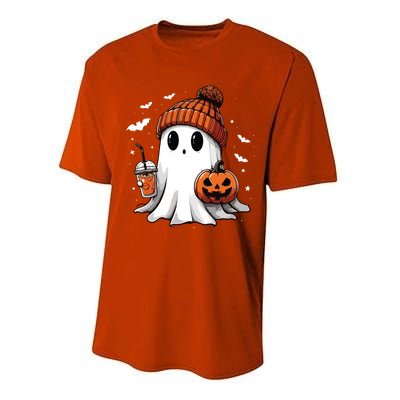 Cute Ghost Drinking Coffee Halloween Ghost Ice Coffee Women Long Sleeve Performance Sprint T-Shirt