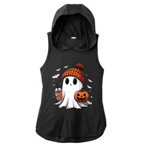 Cute Ghost Drinking Coffee Halloween Ghost Ice Coffee Women Long Sleeve Ladies PosiCharge Tri-Blend Wicking Draft Hoodie Tank