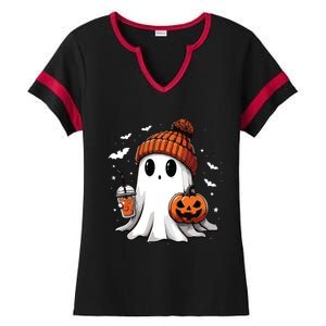 Cute Ghost Drinking Coffee Halloween Ghost Ice Coffee Women Long Sleeve Ladies Halftime Notch Neck Tee