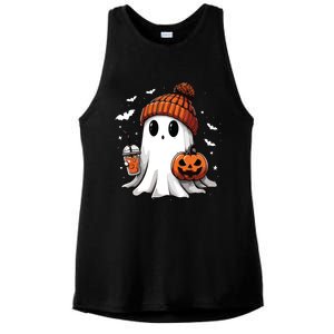 Cute Ghost Drinking Coffee Halloween Ghost Ice Coffee Women Long Sleeve Ladies PosiCharge Tri-Blend Wicking Tank