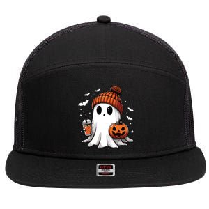 Cute Ghost Drinking Coffee Halloween Ghost Ice Coffee Women Long Sleeve 7 Panel Mesh Trucker Snapback Hat