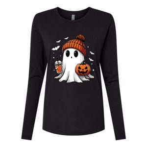 Cute Ghost Drinking Coffee Halloween Ghost Ice Coffee Women Long Sleeve Womens Cotton Relaxed Long Sleeve T-Shirt