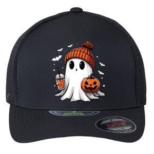 Cute Ghost Drinking Coffee Halloween Ghost Ice Coffee Women Long Sleeve Flexfit Unipanel Trucker Cap