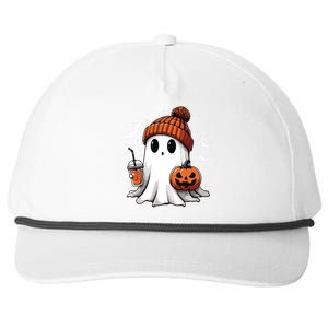 Cute Ghost Drinking Coffee Halloween Ghost Ice Coffee Women Long Sleeve Snapback Five-Panel Rope Hat