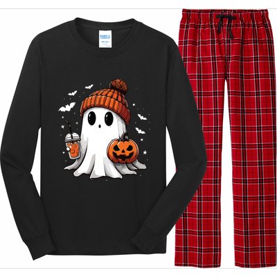 Cute Ghost Drinking Coffee Halloween Ghost Ice Coffee Women Long Sleeve Long Sleeve Pajama Set