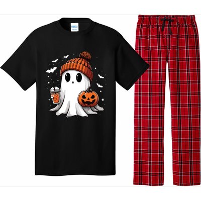 Cute Ghost Drinking Coffee Halloween Ghost Ice Coffee Women Long Sleeve Pajama Set