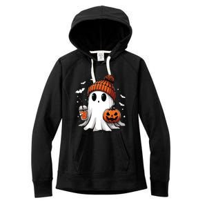 Cute Ghost Drinking Coffee Halloween Ghost Ice Coffee Women Long Sleeve Women's Fleece Hoodie