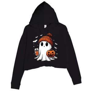 Cute Ghost Drinking Coffee Halloween Ghost Ice Coffee Women Long Sleeve Crop Fleece Hoodie