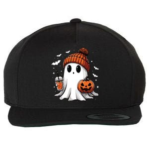 Cute Ghost Drinking Coffee Halloween Ghost Ice Coffee Women Long Sleeve Wool Snapback Cap