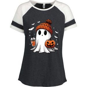 Cute Ghost Drinking Coffee Halloween Ghost Ice Coffee Women Long Sleeve Enza Ladies Jersey Colorblock Tee