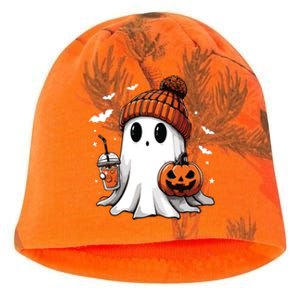 Cute Ghost Drinking Coffee Halloween Ghost Ice Coffee Women Long Sleeve Kati - Camo Knit Beanie