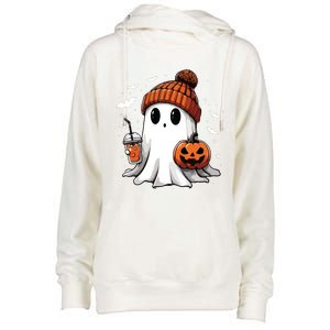 Cute Ghost Drinking Coffee Halloween Ghost Ice Coffee Women Long Sleeve Womens Funnel Neck Pullover Hood