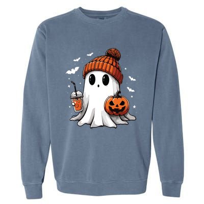 Cute Ghost Drinking Coffee Halloween Ghost Ice Coffee Women Long Sleeve Garment-Dyed Sweatshirt