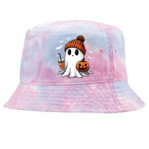 Cute Ghost Drinking Coffee Halloween Ghost Ice Coffee Women Long Sleeve Tie-Dyed Bucket Hat