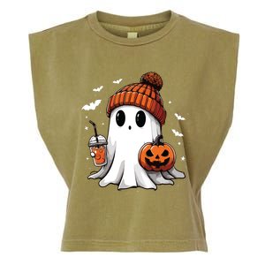 Cute Ghost Drinking Coffee Halloween Ghost Ice Coffee Women Long Sleeve Garment-Dyed Women's Muscle Tee