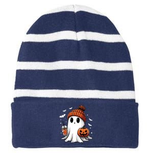 Cute Ghost Drinking Coffee Halloween Ghost Ice Coffee Women Long Sleeve Striped Beanie with Solid Band