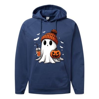 Cute Ghost Drinking Coffee Halloween Ghost Ice Coffee Women Long Sleeve Performance Fleece Hoodie