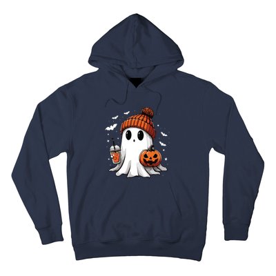 Cute Ghost Drinking Coffee Halloween Ghost Ice Coffee Women Long Sleeve Hoodie