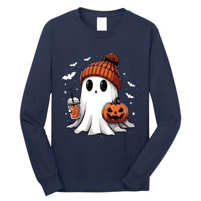 Cute Ghost Drinking Coffee Halloween Ghost Ice Coffee Women Long Sleeve Long Sleeve Shirt