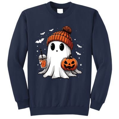 Cute Ghost Drinking Coffee Halloween Ghost Ice Coffee Women Long Sleeve Sweatshirt