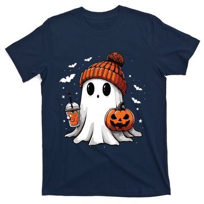 Cute Ghost Drinking Coffee Halloween Ghost Ice Coffee Women Long Sleeve T-Shirt