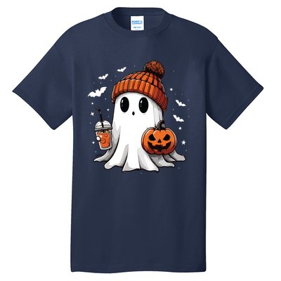 Cute Ghost Drinking Coffee Halloween Ghost Ice Coffee Women Long Sleeve Tall T-Shirt