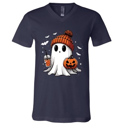 Cute Ghost Drinking Coffee Halloween Ghost Ice Coffee Women Long Sleeve V-Neck T-Shirt