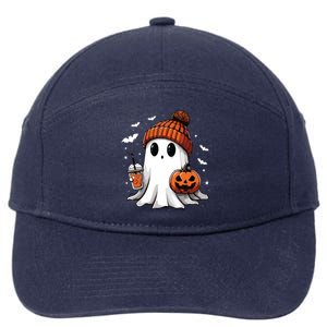 Cute Ghost Drinking Coffee Halloween Ghost Ice Coffee Women Long Sleeve 7-Panel Snapback Hat