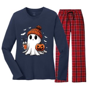 Cute Ghost Drinking Coffee Halloween Ghost Ice Coffee Women Long Sleeve Women's Long Sleeve Flannel Pajama Set 