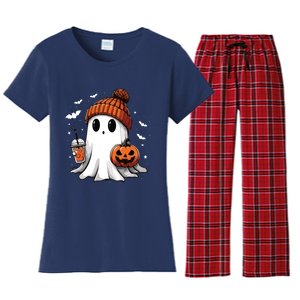 Cute Ghost Drinking Coffee Halloween Ghost Ice Coffee Women Long Sleeve Women's Flannel Pajama Set