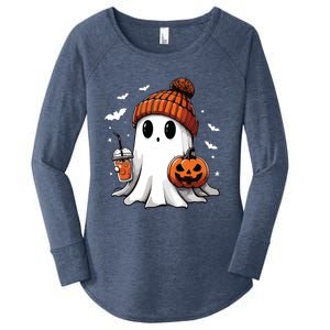 Cute Ghost Drinking Coffee Halloween Ghost Ice Coffee Women Long Sleeve Women's Perfect Tri Tunic Long Sleeve Shirt