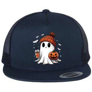 Cute Ghost Drinking Coffee Halloween Ghost Ice Coffee Women Long Sleeve Flat Bill Trucker Hat