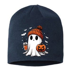 Cute Ghost Drinking Coffee Halloween Ghost Ice Coffee Women Long Sleeve Sustainable Beanie