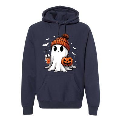 Cute Ghost Drinking Coffee Halloween Ghost Ice Coffee Women Long Sleeve Premium Hoodie