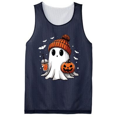 Cute Ghost Drinking Coffee Halloween Ghost Ice Coffee Women Long Sleeve Mesh Reversible Basketball Jersey Tank