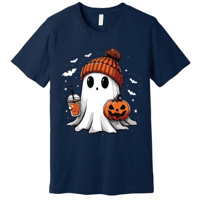 Cute Ghost Drinking Coffee Halloween Ghost Ice Coffee Women Long Sleeve Premium T-Shirt