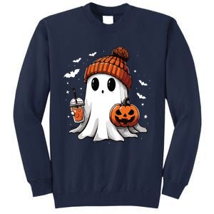 Cute Ghost Drinking Coffee Halloween Ghost Ice Coffee Women Long Sleeve Tall Sweatshirt