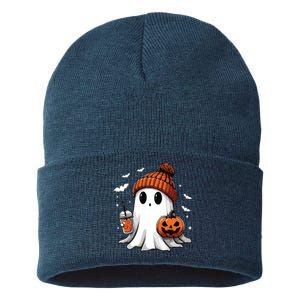 Cute Ghost Drinking Coffee Halloween Ghost Ice Coffee Women Long Sleeve Sustainable Knit Beanie