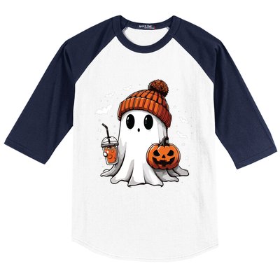 Cute Ghost Drinking Coffee Halloween Ghost Ice Coffee Women Long Sleeve Baseball Sleeve Shirt