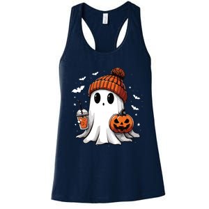 Cute Ghost Drinking Coffee Halloween Ghost Ice Coffee Women Long Sleeve Women's Racerback Tank