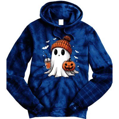 Cute Ghost Drinking Coffee Halloween Ghost Ice Coffee Women Long Sleeve Tie Dye Hoodie